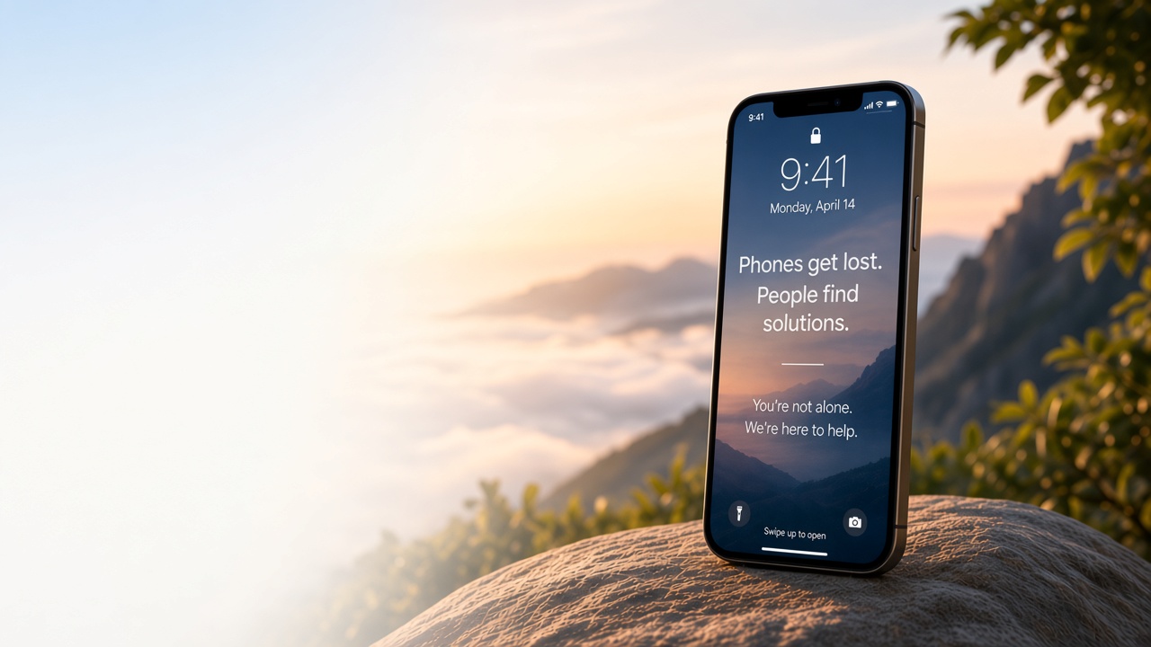 A phone resting on a sunlit rock, with a lock screen that reads: Phones get lost. People find solutions. You're not alone. We're here to help.
