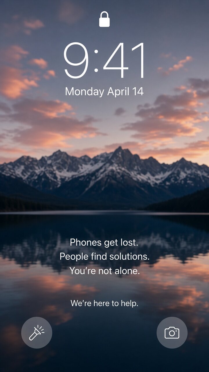 A calm phone lock screen that reads: Phones get lost. People find solutions. You're not alone. We're here to help.