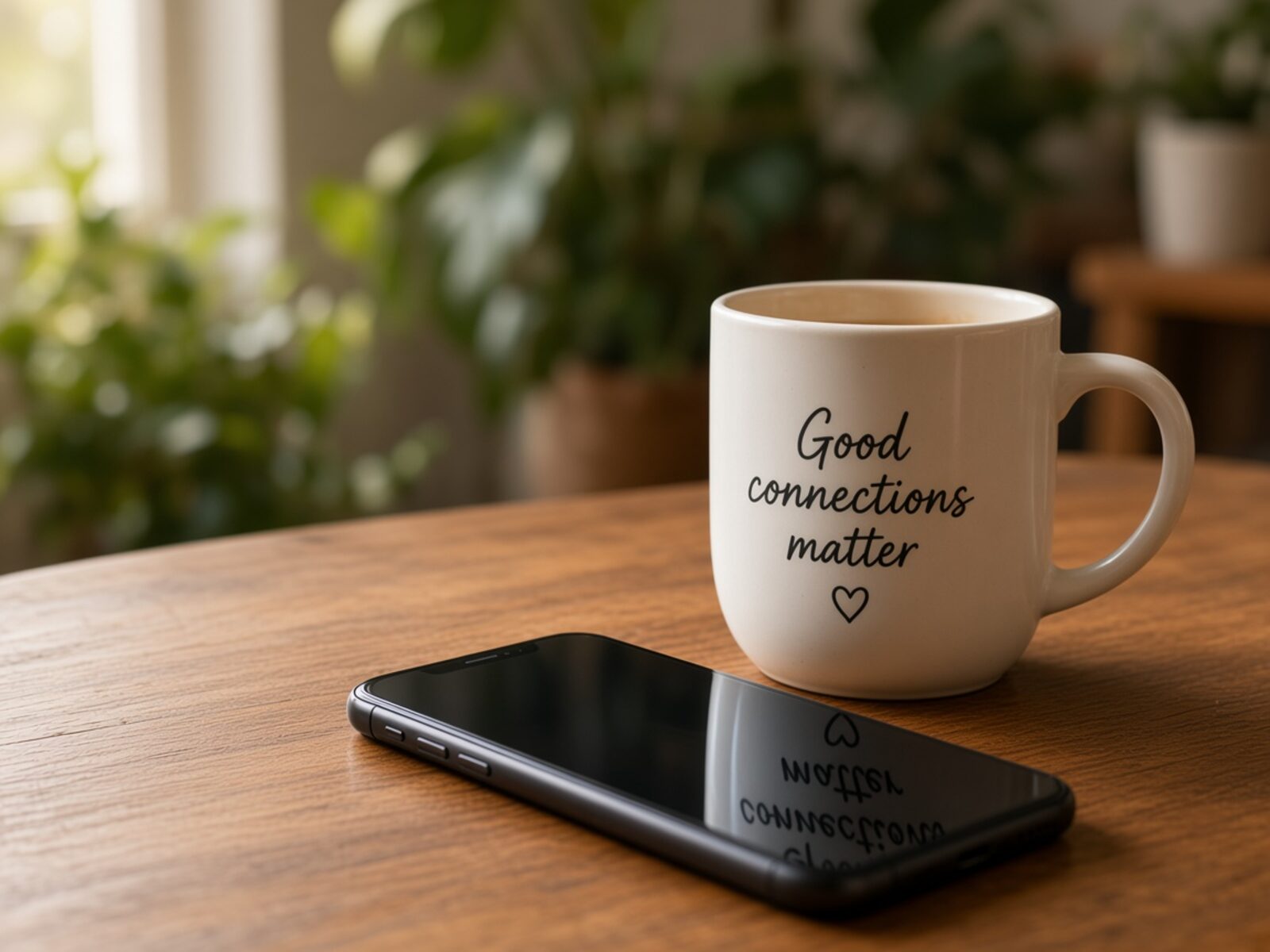 A mug that says Good connections matter sitting beside a phone on a wooden table.