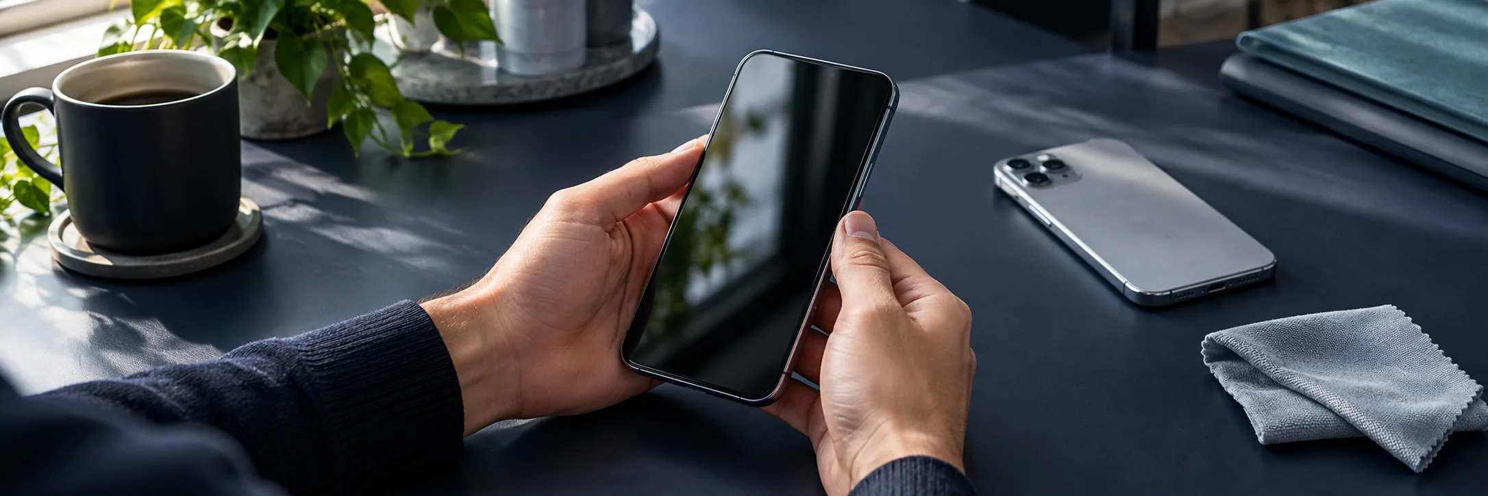 Hands holding a smartphone above a navy desk, with a second phone and microfiber cloth nearby.