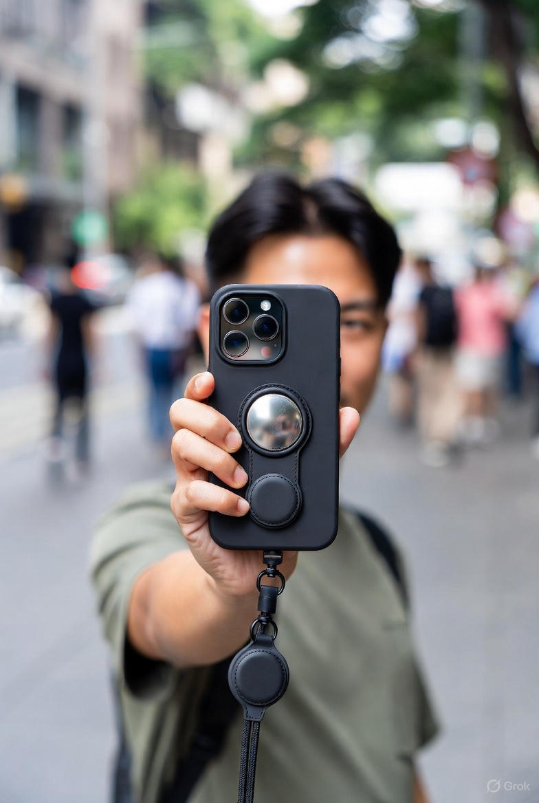 Person holding phone with lanyard and AirTag on busy street - 10 prevention tips